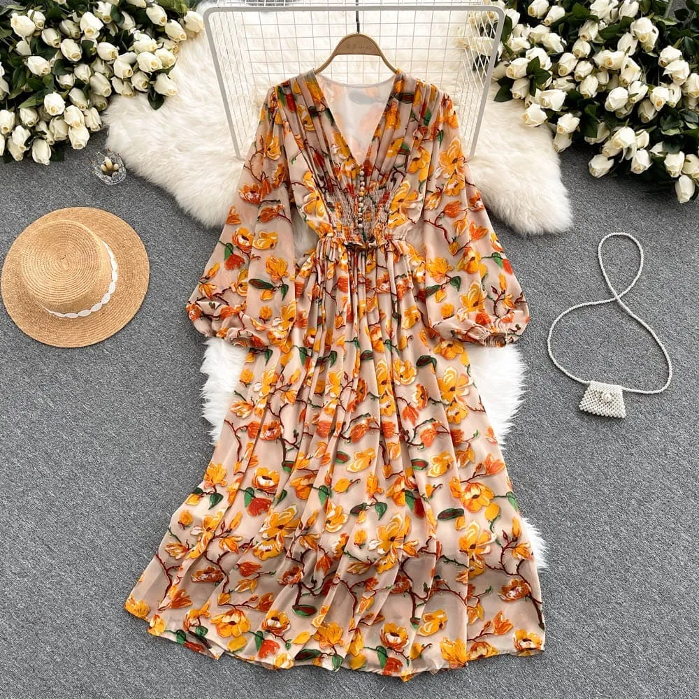 2022 new style floral long sleeve dress