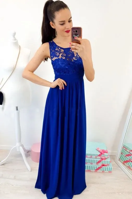 A-Line Round Neck Floor-Length Royal Blue Prom Dress with Lace Pleats PFP1634