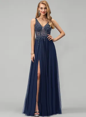 Beading Sequins Kayley V-neck Tulle A-Line With Prom Dresses Floor-Length