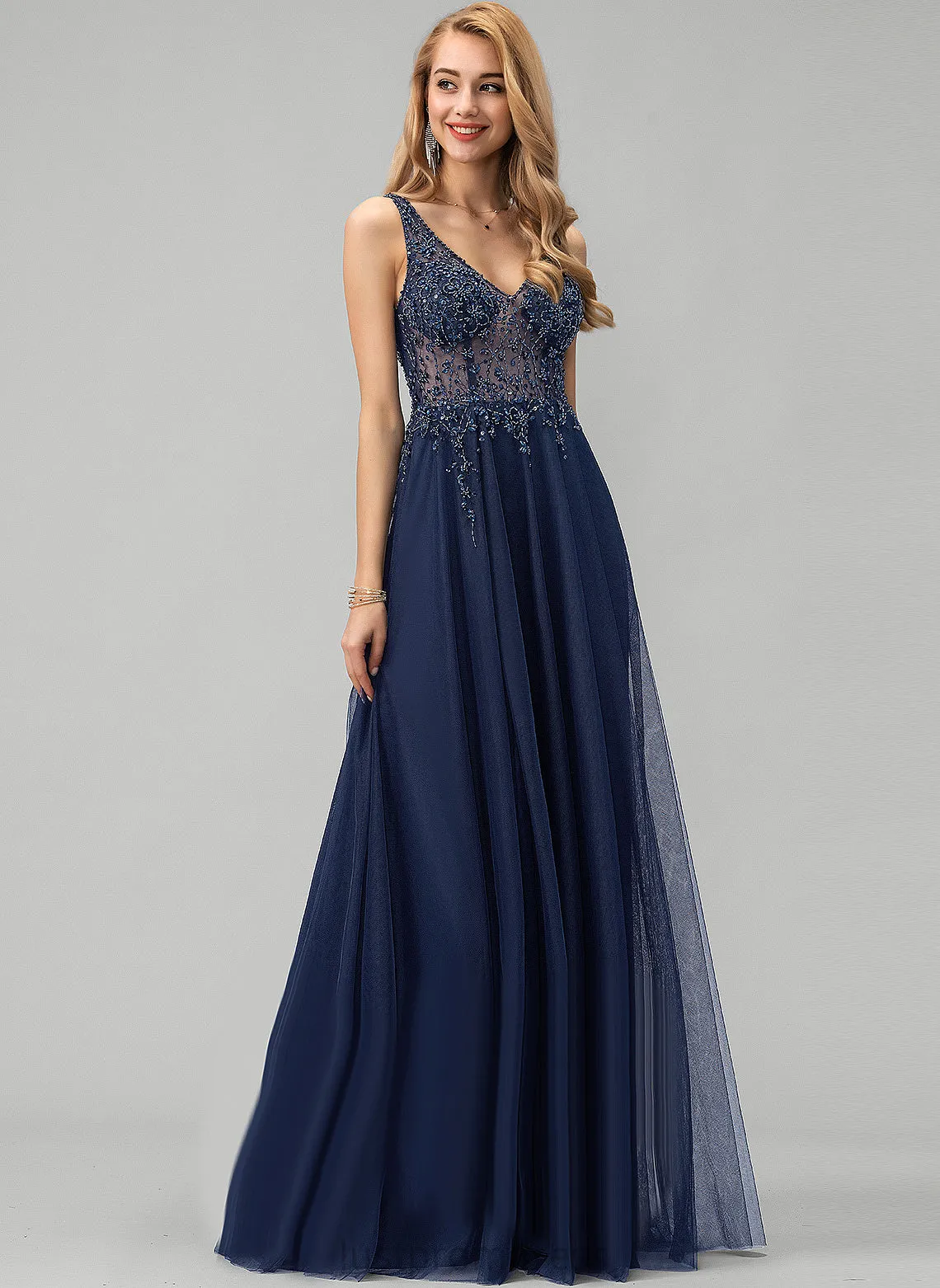 Beading Sequins Kayley V-neck Tulle A-Line With Prom Dresses Floor-Length