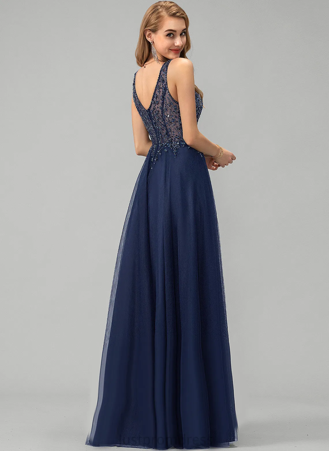 Beading Sequins Kayley V-neck Tulle A-Line With Prom Dresses Floor-Length