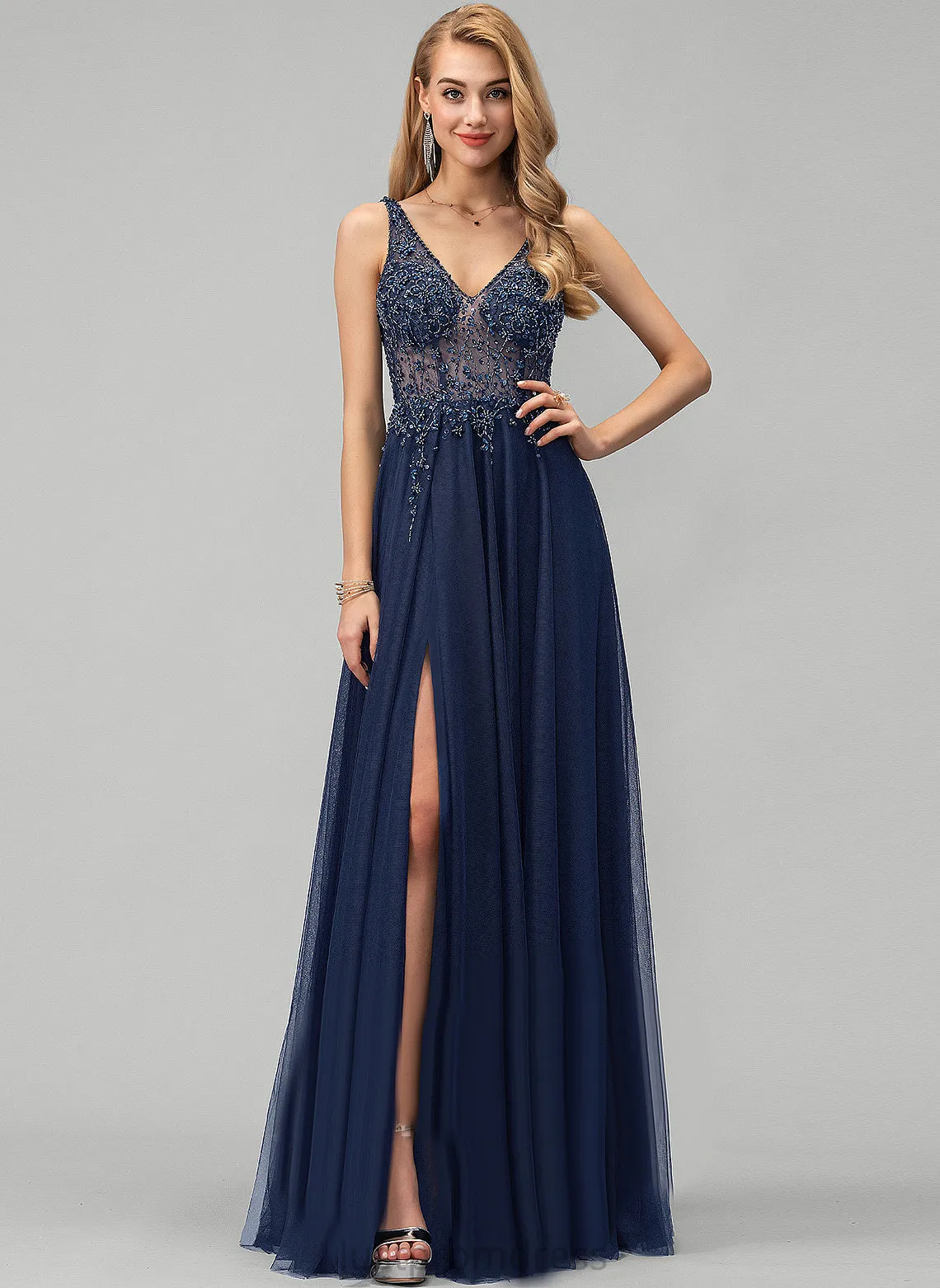 Beading Sequins Kayley V-neck Tulle A-Line With Prom Dresses Floor-Length