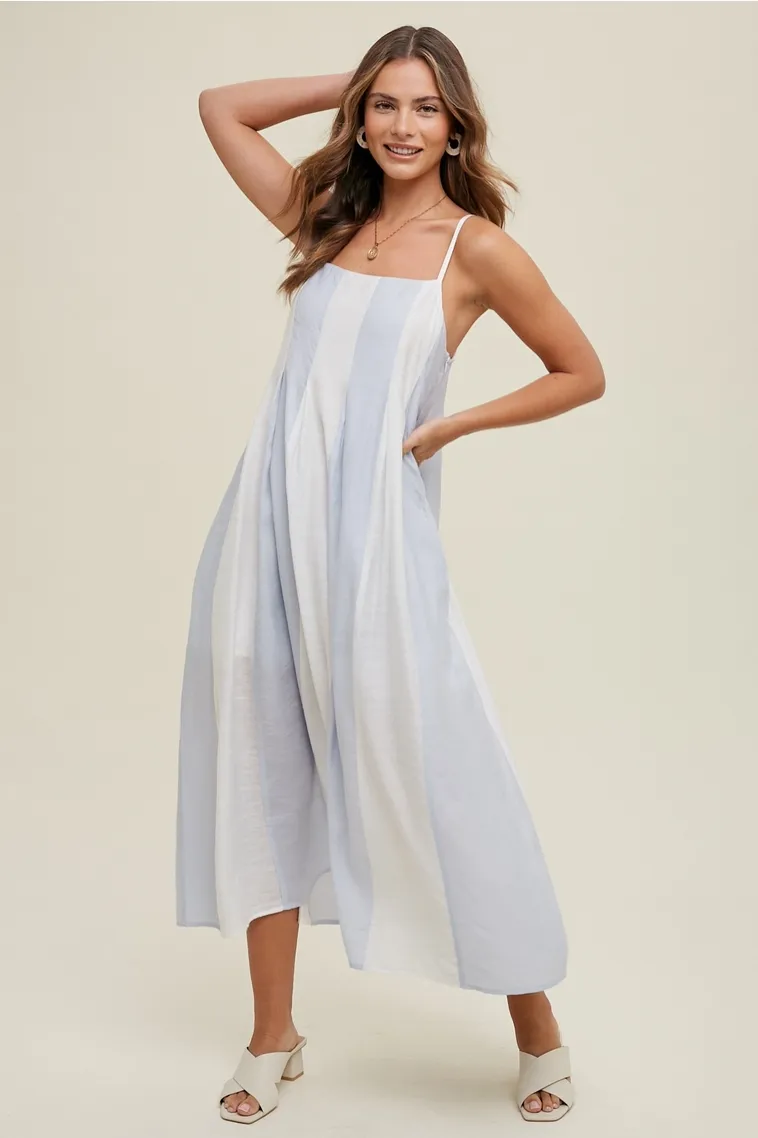 Blue & White Color Block Striped Midi Dress