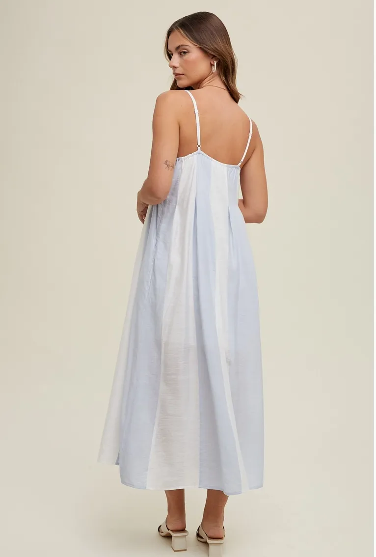 Blue & White Color Block Striped Midi Dress