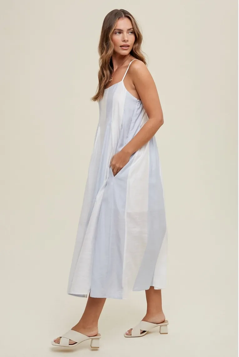 Blue & White Color Block Striped Midi Dress