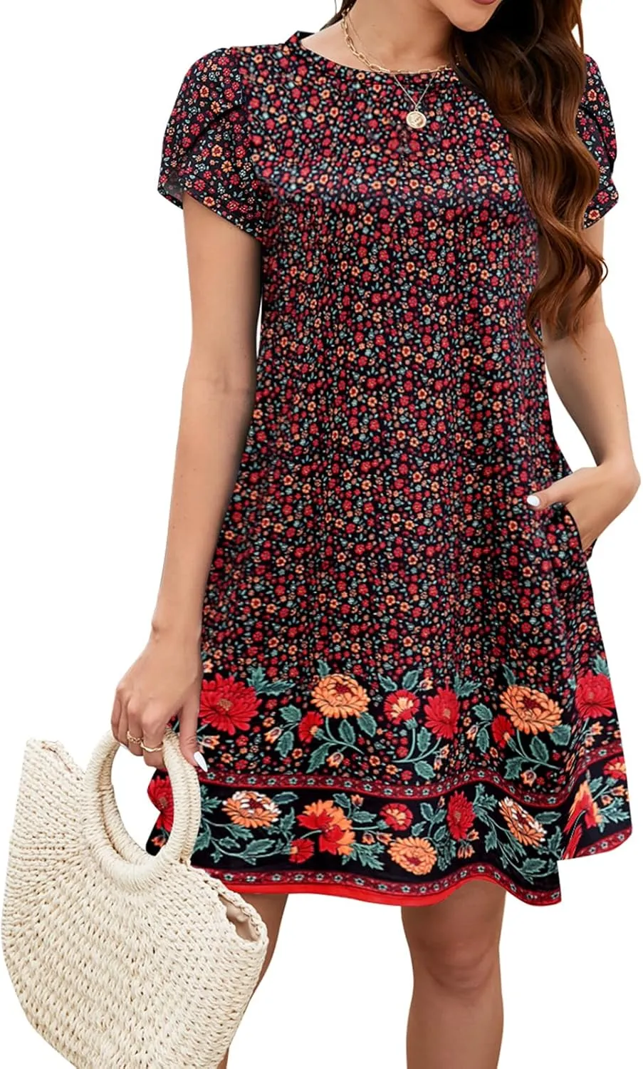 Bluetime Summer Dresses for Women 2025 Beach Boho Sundress Short Sleeve Pockets Loose Casual Tshirt Dress