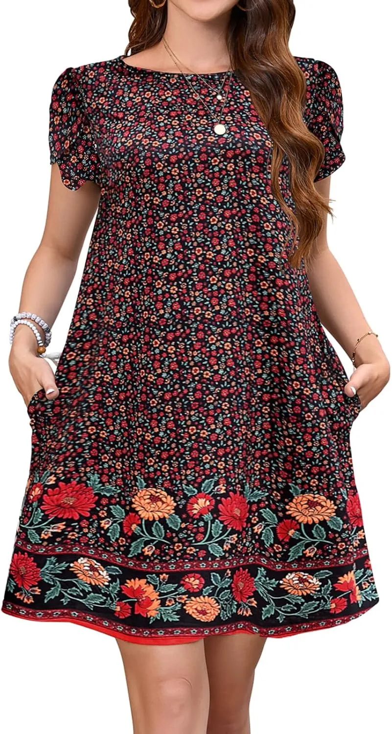 Bluetime Summer Dresses for Women 2025 Beach Boho Sundress Short Sleeve Pockets Loose Casual Tshirt Dress