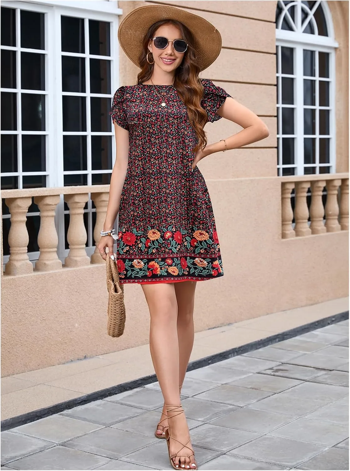 Bluetime Summer Dresses for Women 2025 Beach Boho Sundress Short Sleeve Pockets Loose Casual Tshirt Dress