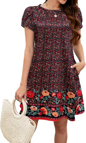 Bluetime Summer Dresses for Women 2025 Beach Boho Sundress Short Sleeve Pockets Loose Casual Tshirt Dress
