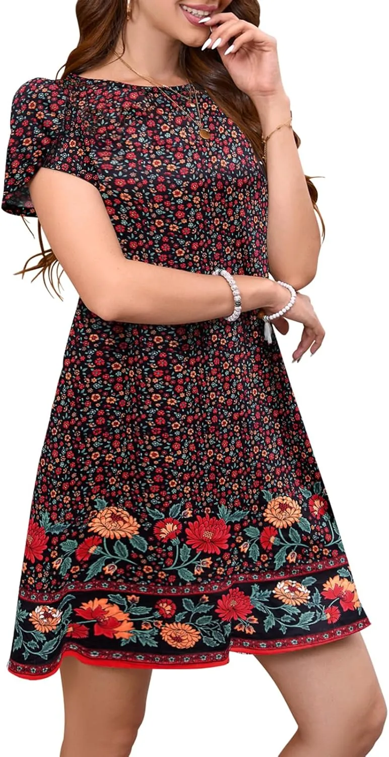Bluetime Summer Dresses for Women 2025 Beach Boho Sundress Short Sleeve Pockets Loose Casual Tshirt Dress