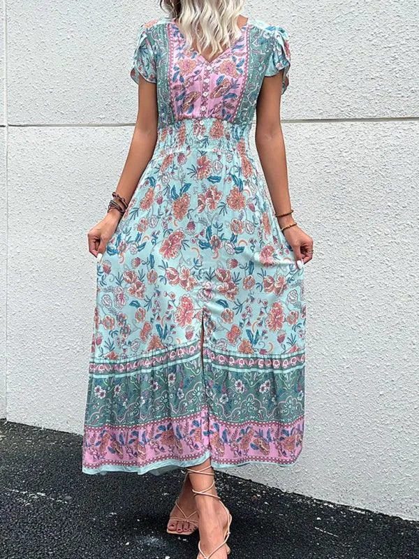 Boho Chic Floral V-Neck Rayon Dress with Slit for Women