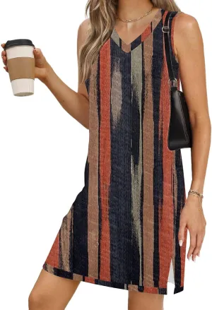 Boho Sundresses for Women 2025 V Neck Aztec Print Knee Length Tank Dress Loose Fit Mini Shift Dress Casual Summer