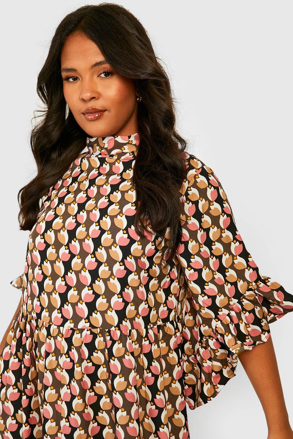 Boohoo Ruffle Midi Shirt Dress, Black