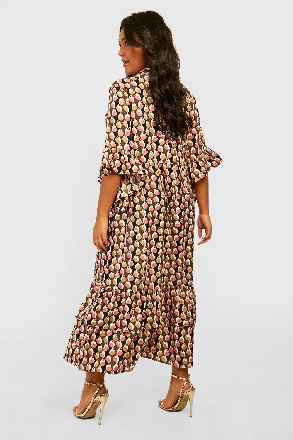 Boohoo Ruffle Midi Shirt Dress, Black