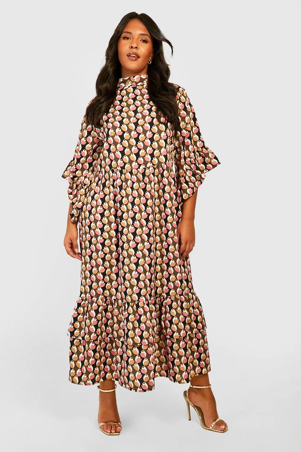 Boohoo Ruffle Midi Shirt Dress, Black