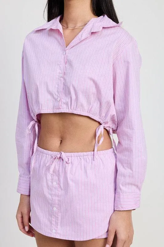 Button Up Top Cropped Top With Drawstring