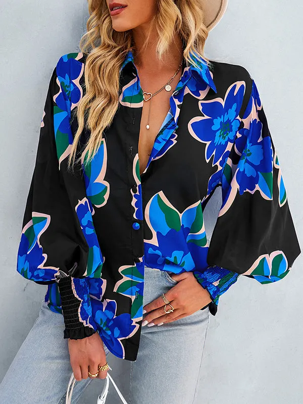 Buttoned Elasticity Flower Print Long Sleeves Loose Lapel Blouses&Shirts Tops