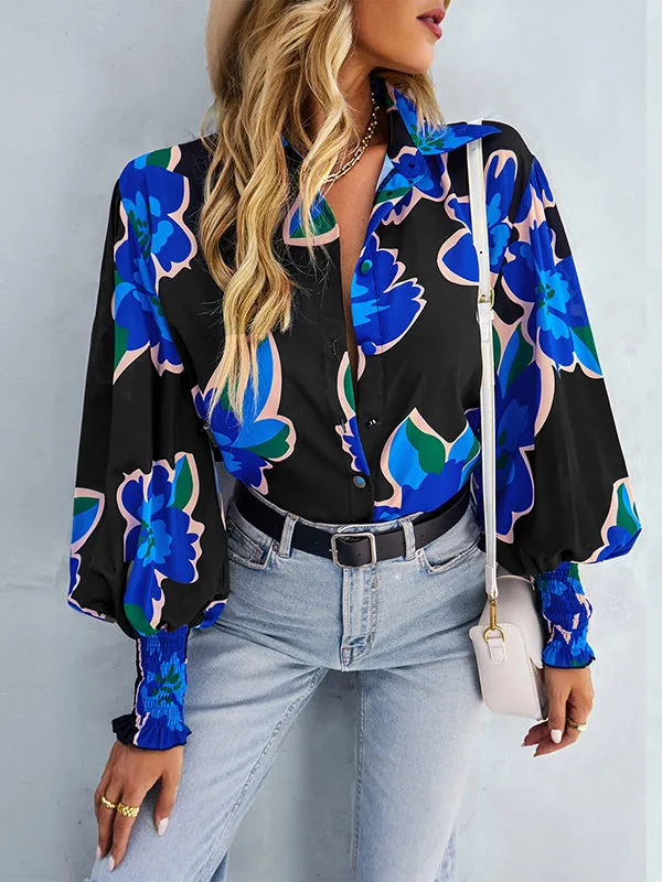Buttoned Elasticity Flower Print Long Sleeves Loose Lapel Blouses&Shirts Tops