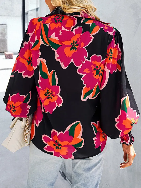 Buttoned Elasticity Flower Print Long Sleeves Loose Lapel Blouses&Shirts Tops