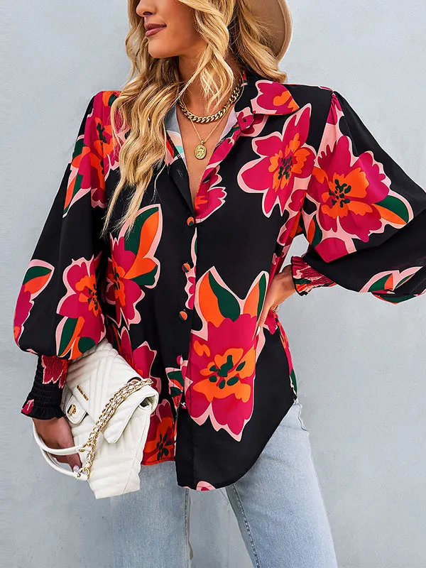 Buttoned Elasticity Flower Print Long Sleeves Loose Lapel Blouses&Shirts Tops