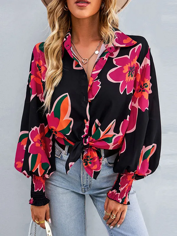 Buttoned Elasticity Flower Print Long Sleeves Loose Lapel Blouses&Shirts Tops