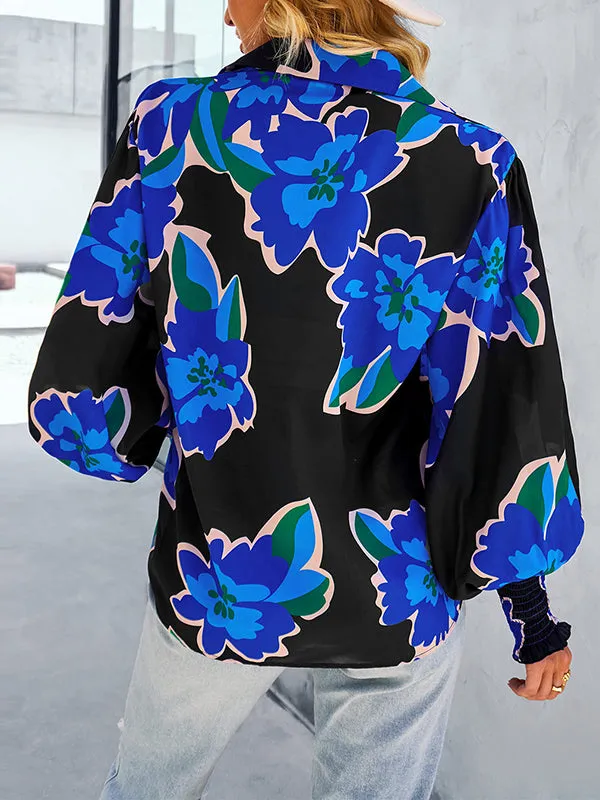 Buttoned Elasticity Flower Print Long Sleeves Loose Lapel Blouses&Shirts Tops
