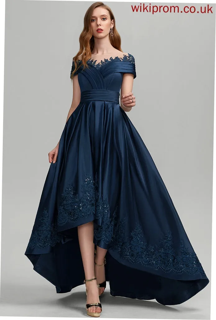 Carissa Satin Scoop Ball-Gown/Princess Prom Dresses With Sequins Asymmetrical Lace