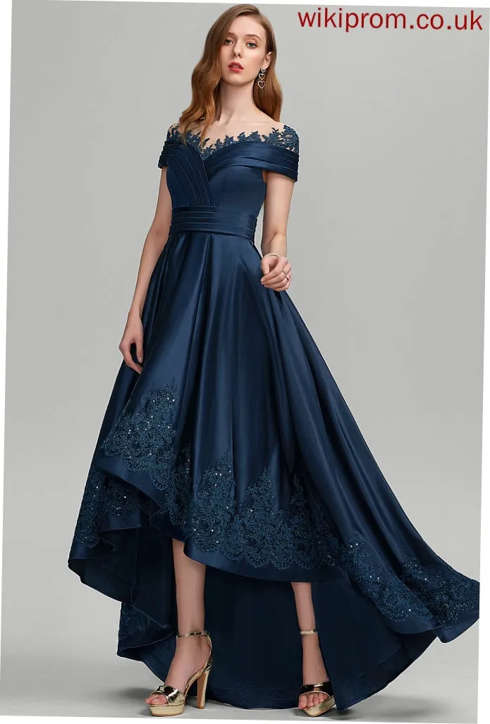 Carissa Satin Scoop Ball-Gown/Princess Prom Dresses With Sequins Asymmetrical Lace