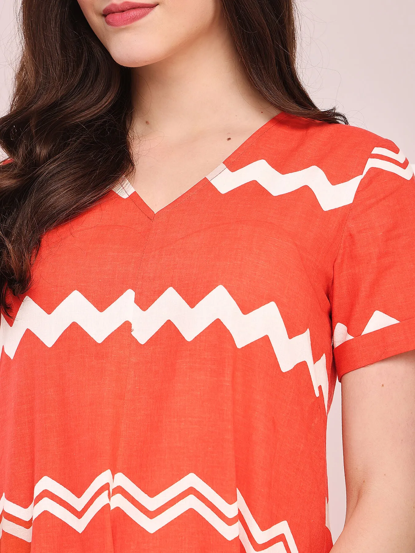 Cotton Chevron Print Dress - Peach