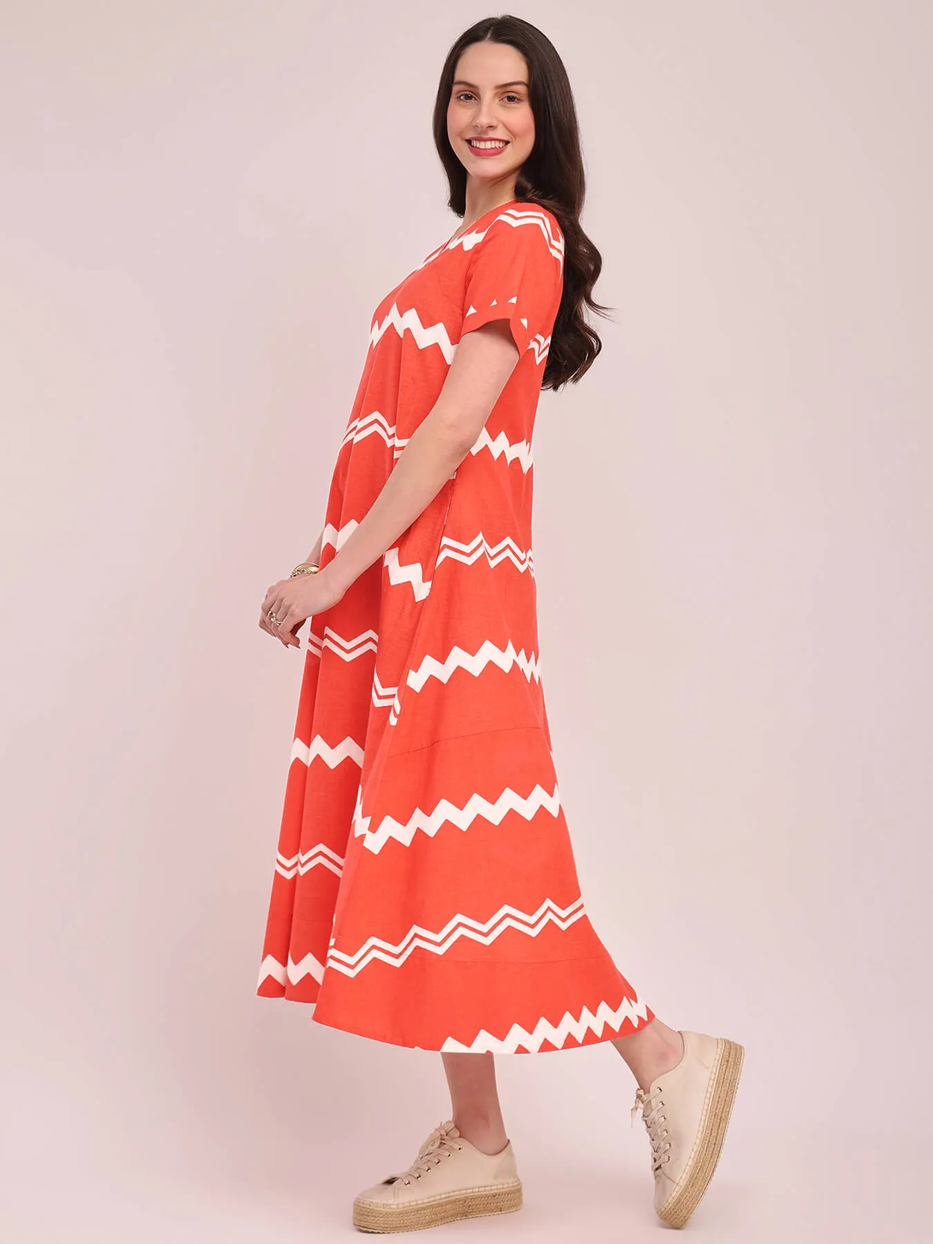 Cotton Chevron Print Dress - Peach
