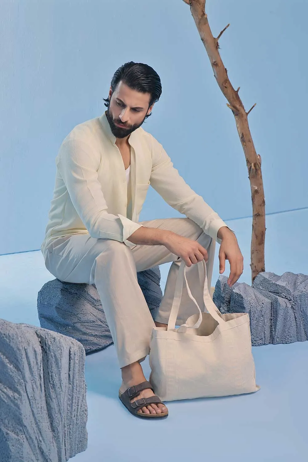 Cream Seersucker Open V-Neck Collared Shirt