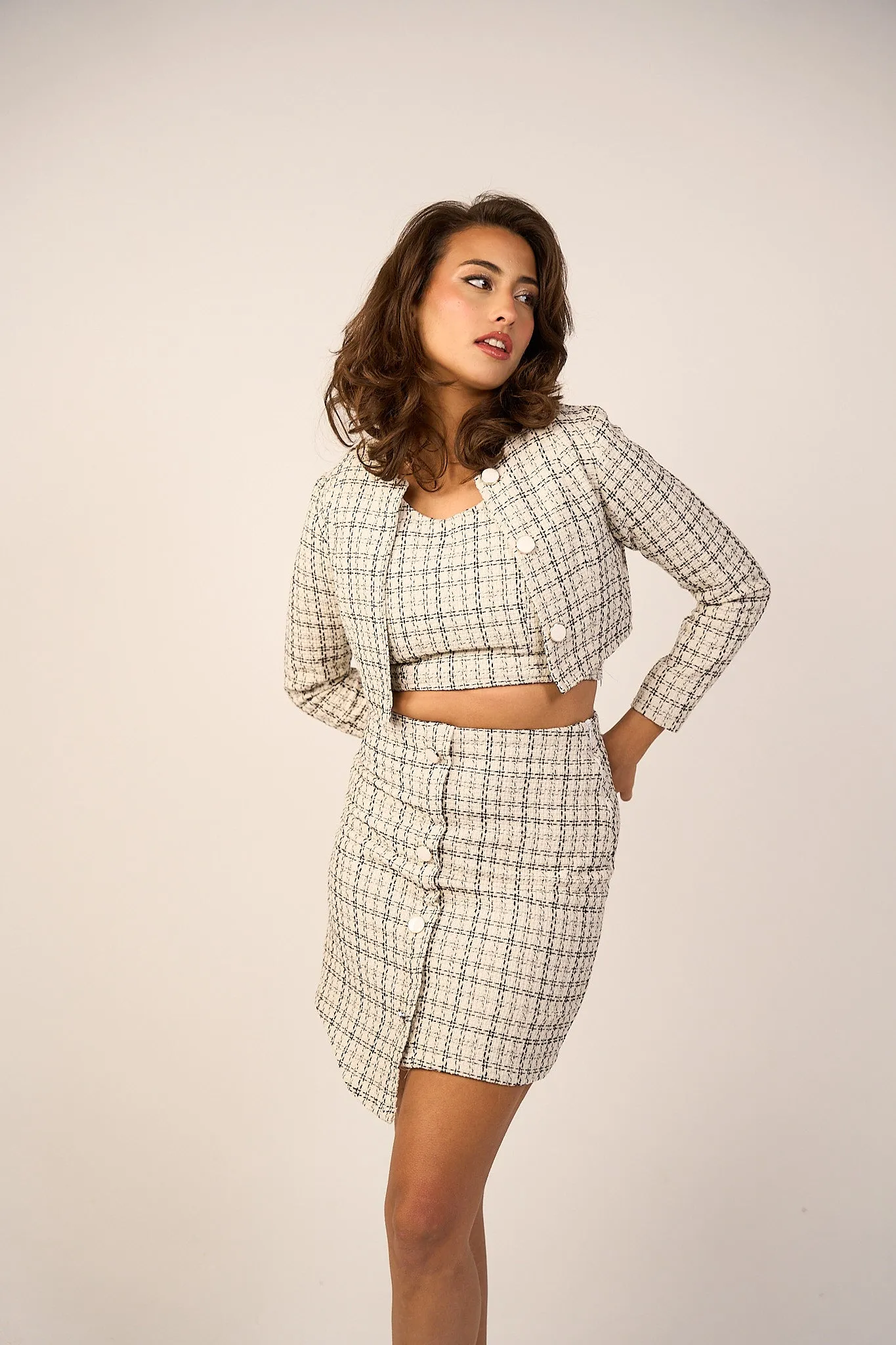 Cropped Tweed Blazer - White