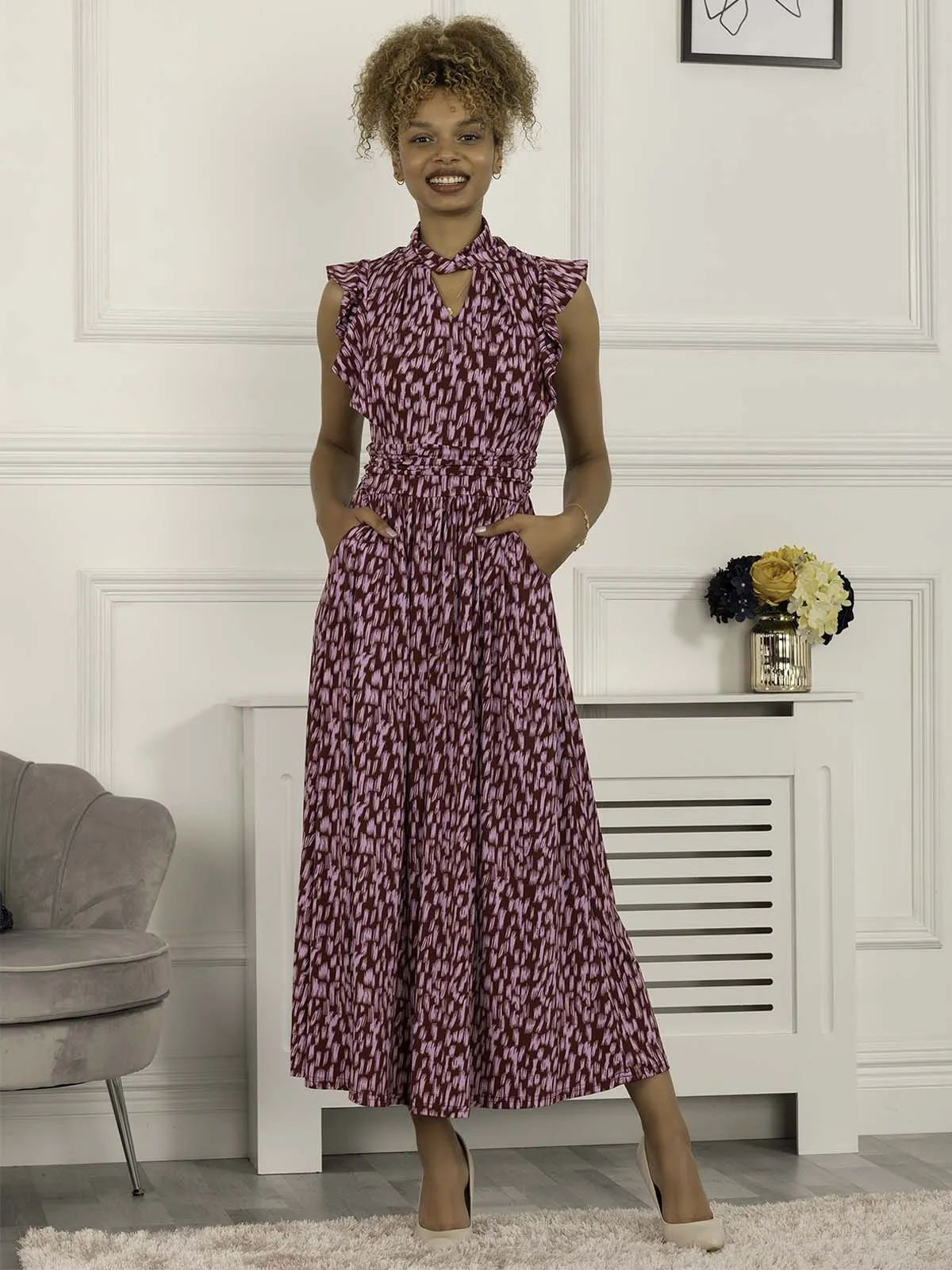 Doris Frill Shoulder Maxi Dress, Abstract Multi