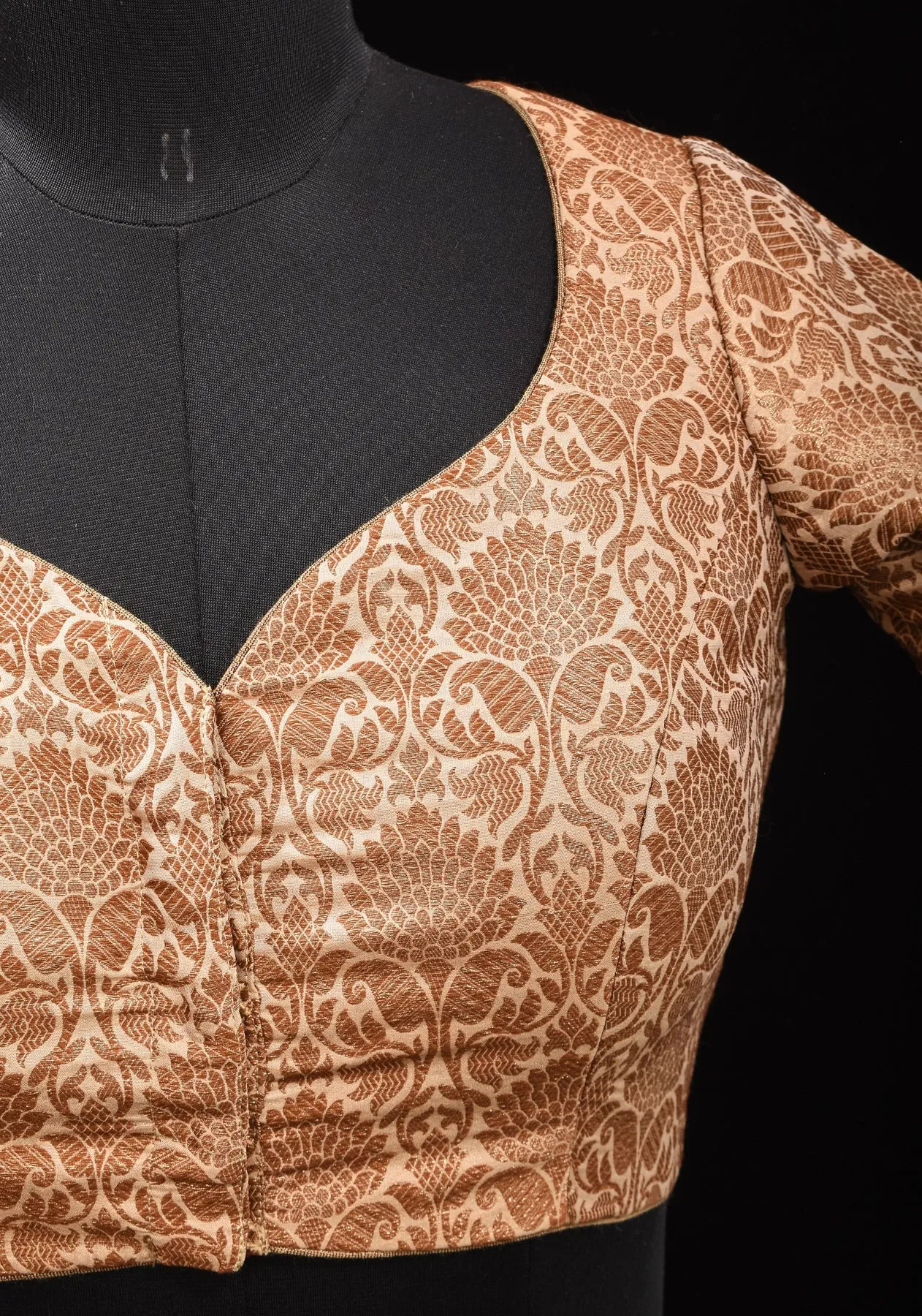 Elegant Antique Gold Floral Brocade Banarasi blouse with leaf and matka neck, Made to Order