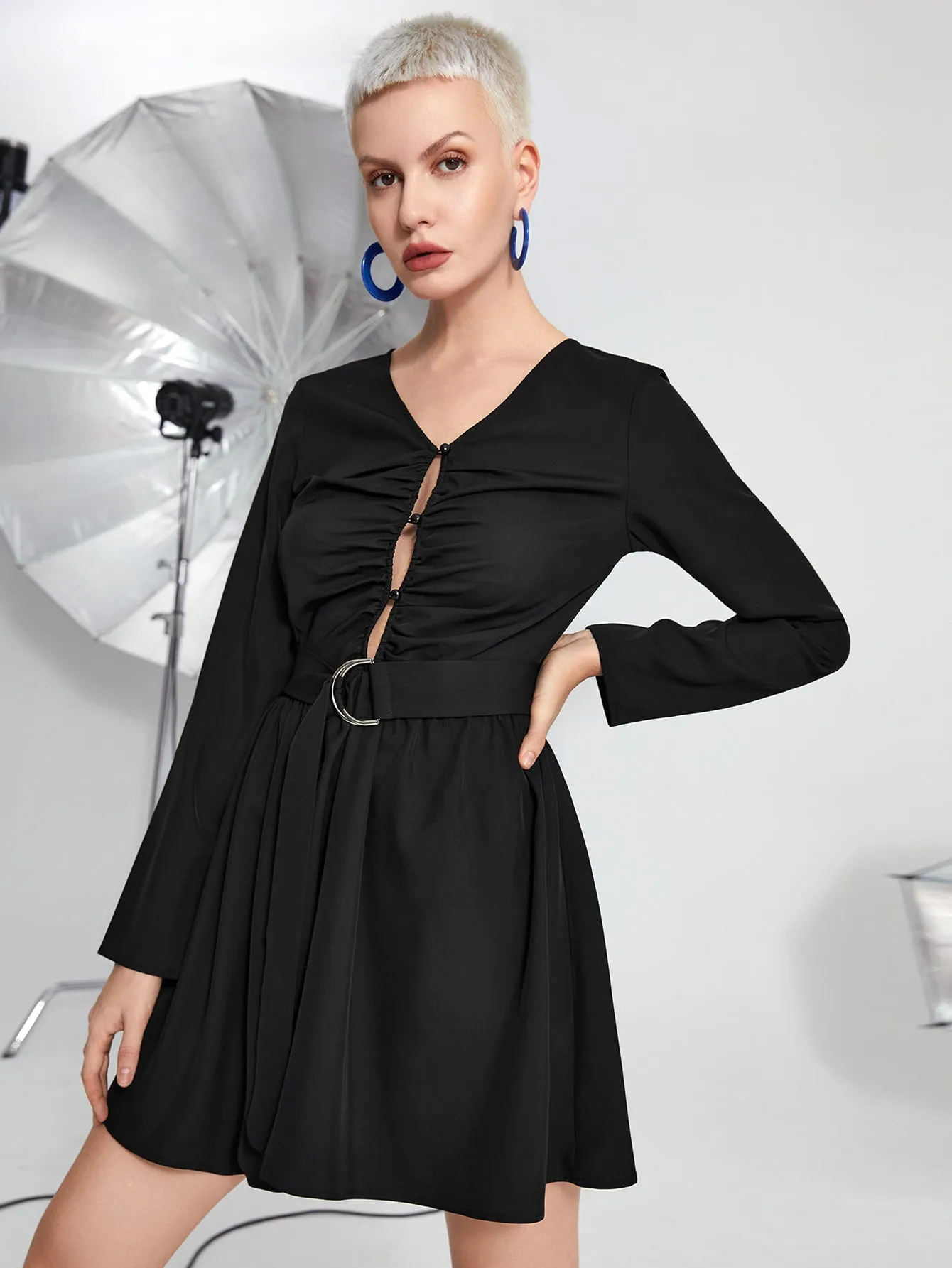 Elegant Plain Button Front Long Sleeve V Neck Flared High Waist Short Dress
