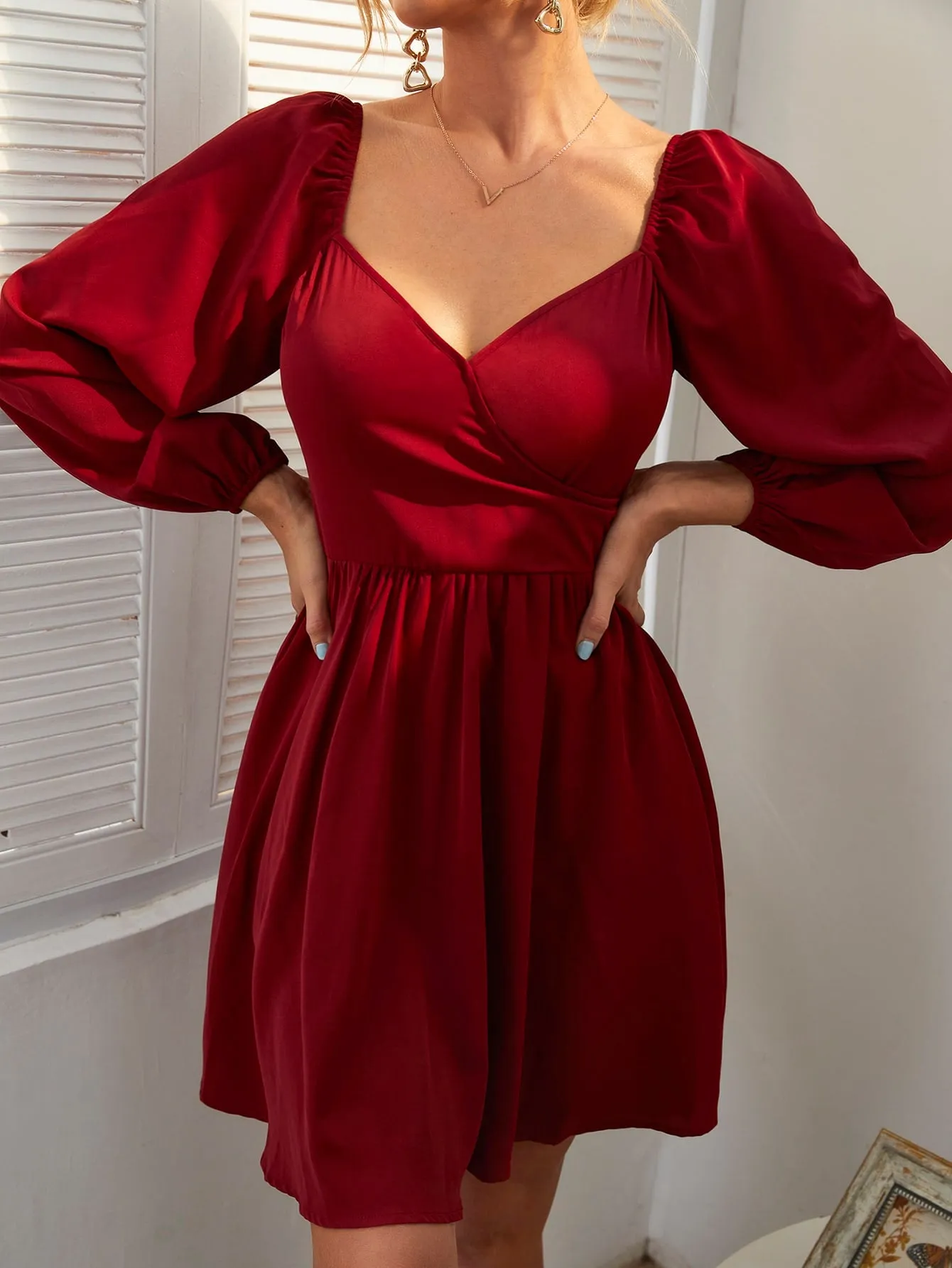Elegant Plain Zipper Long Sleeve Sweetheart Flared High Waist Short Dress
