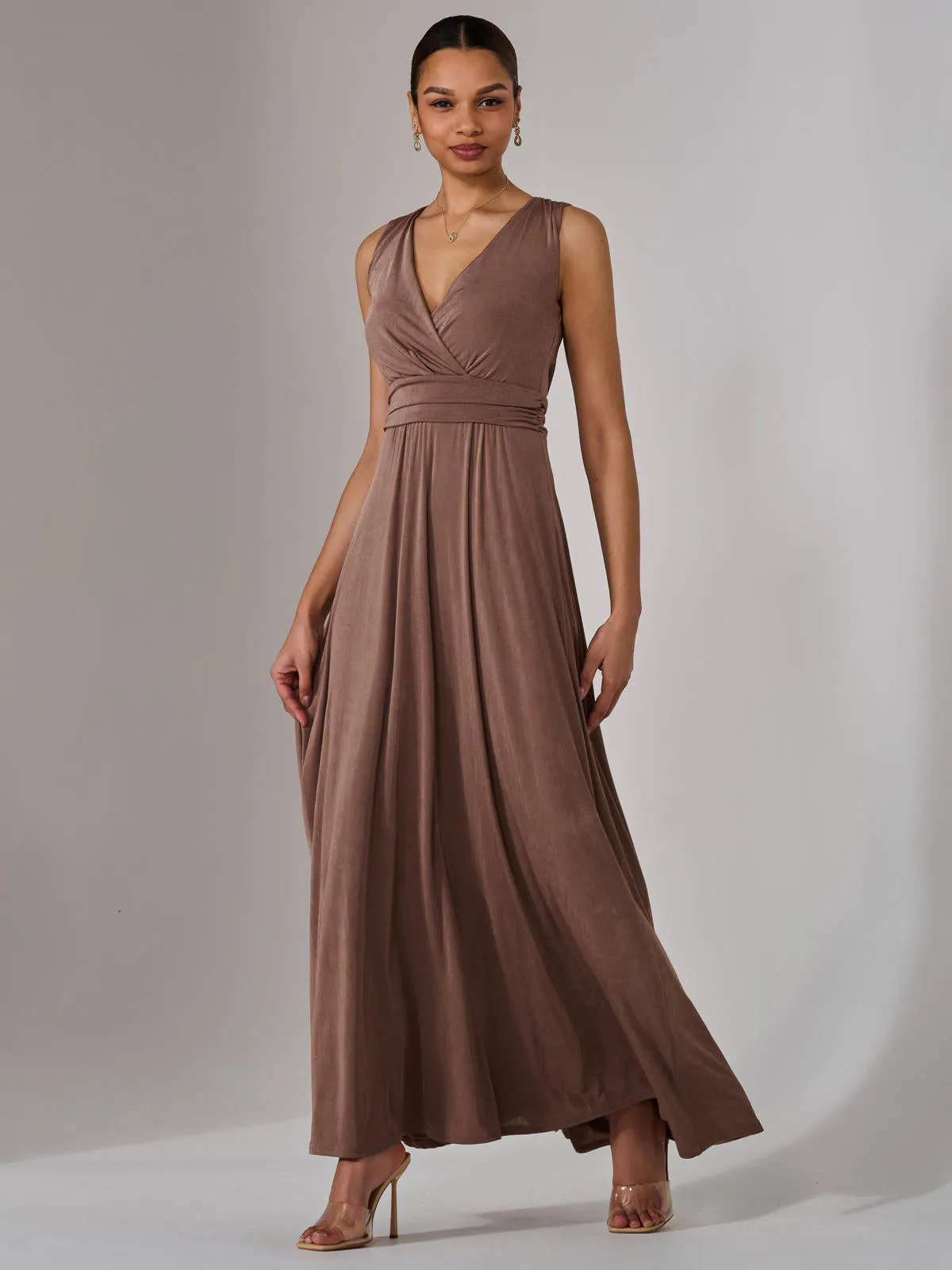 Ella Wrap Bodice Jersey Maxi Dress, Taupe