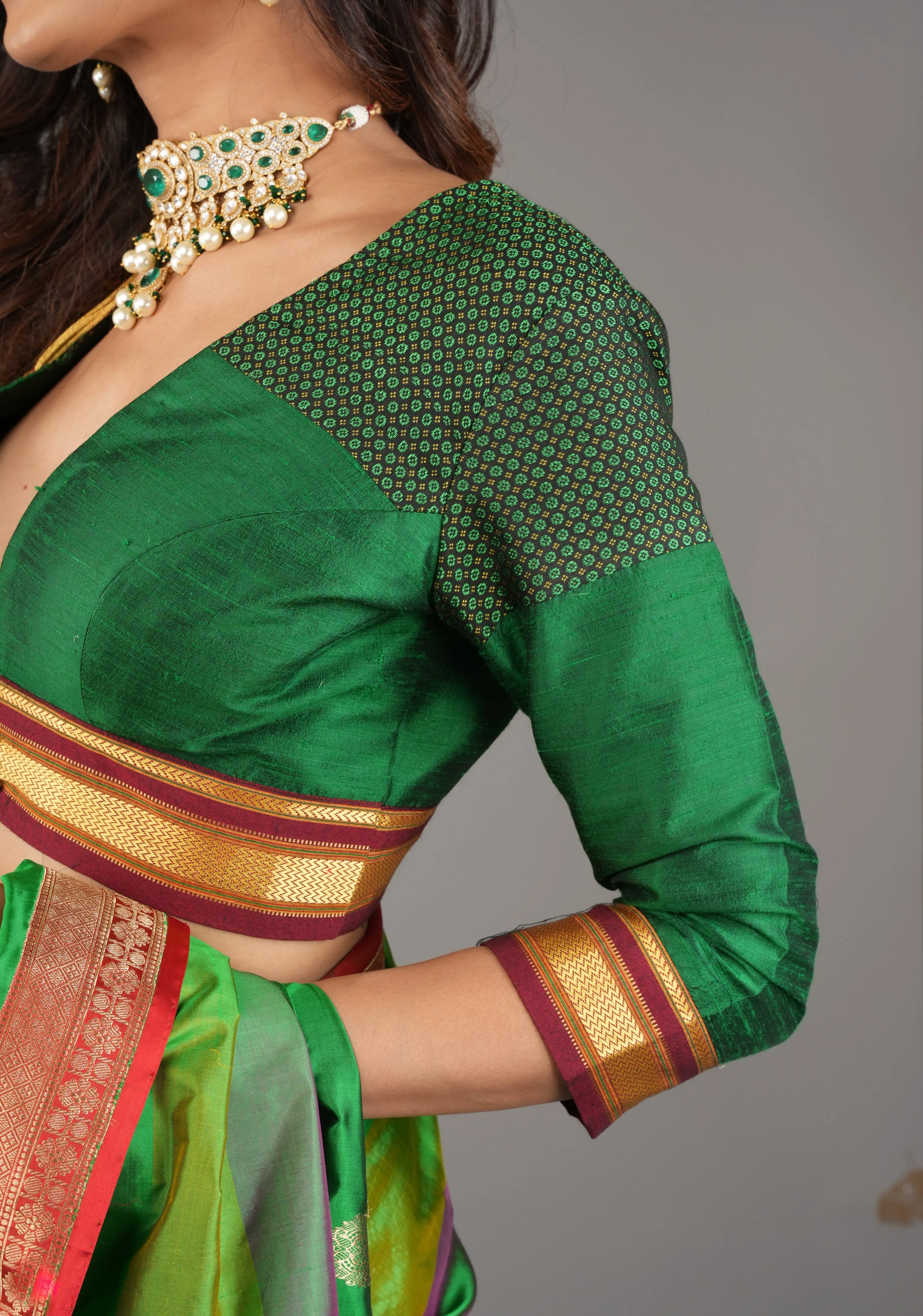 Emerald Green Pure Raw Silk Blouse with Plunge Neck and Khun detailing, Customizable, made to order