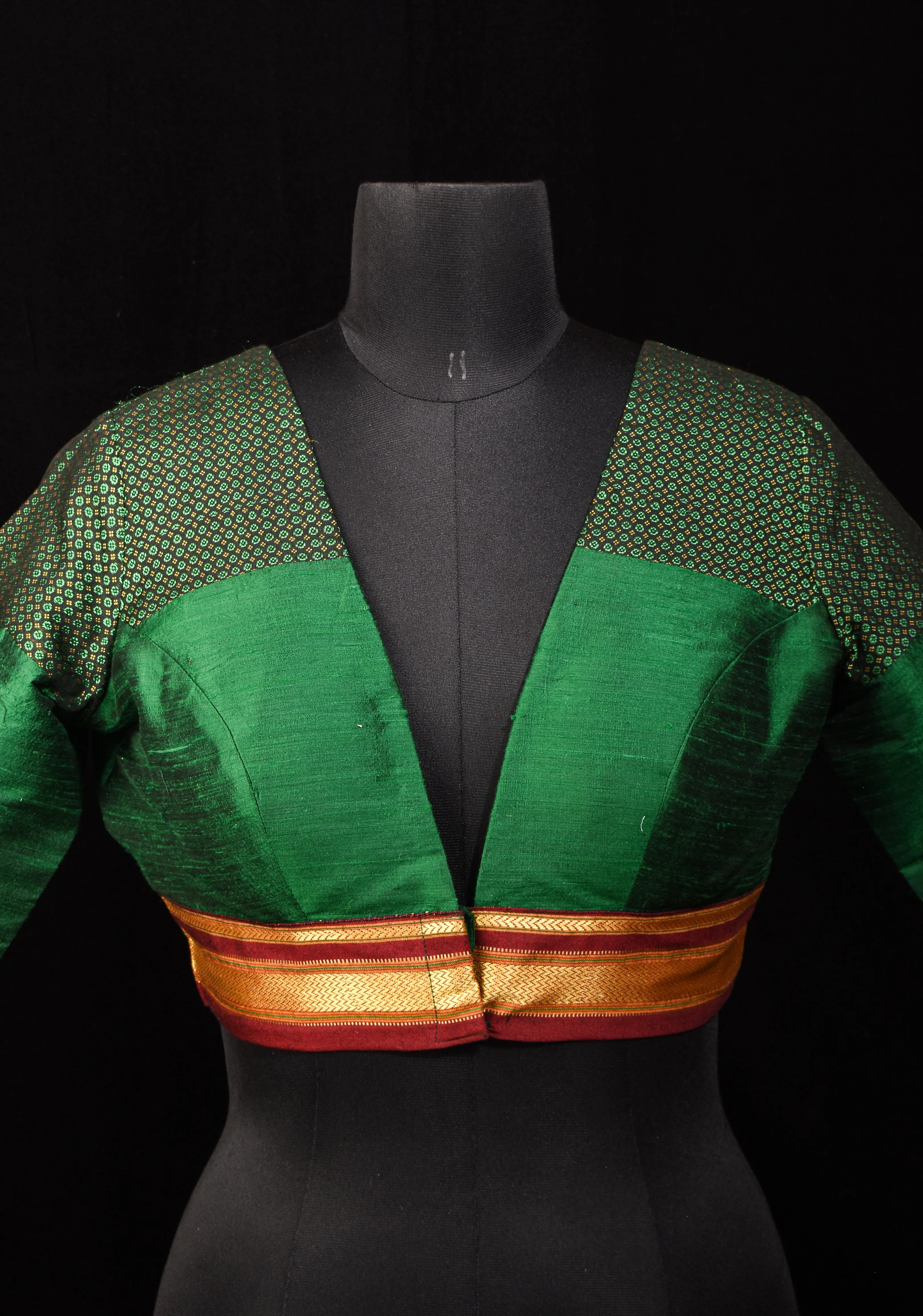 Emerald Green Pure Raw Silk Blouse with Plunge Neck and Khun detailing, Customizable, made to order