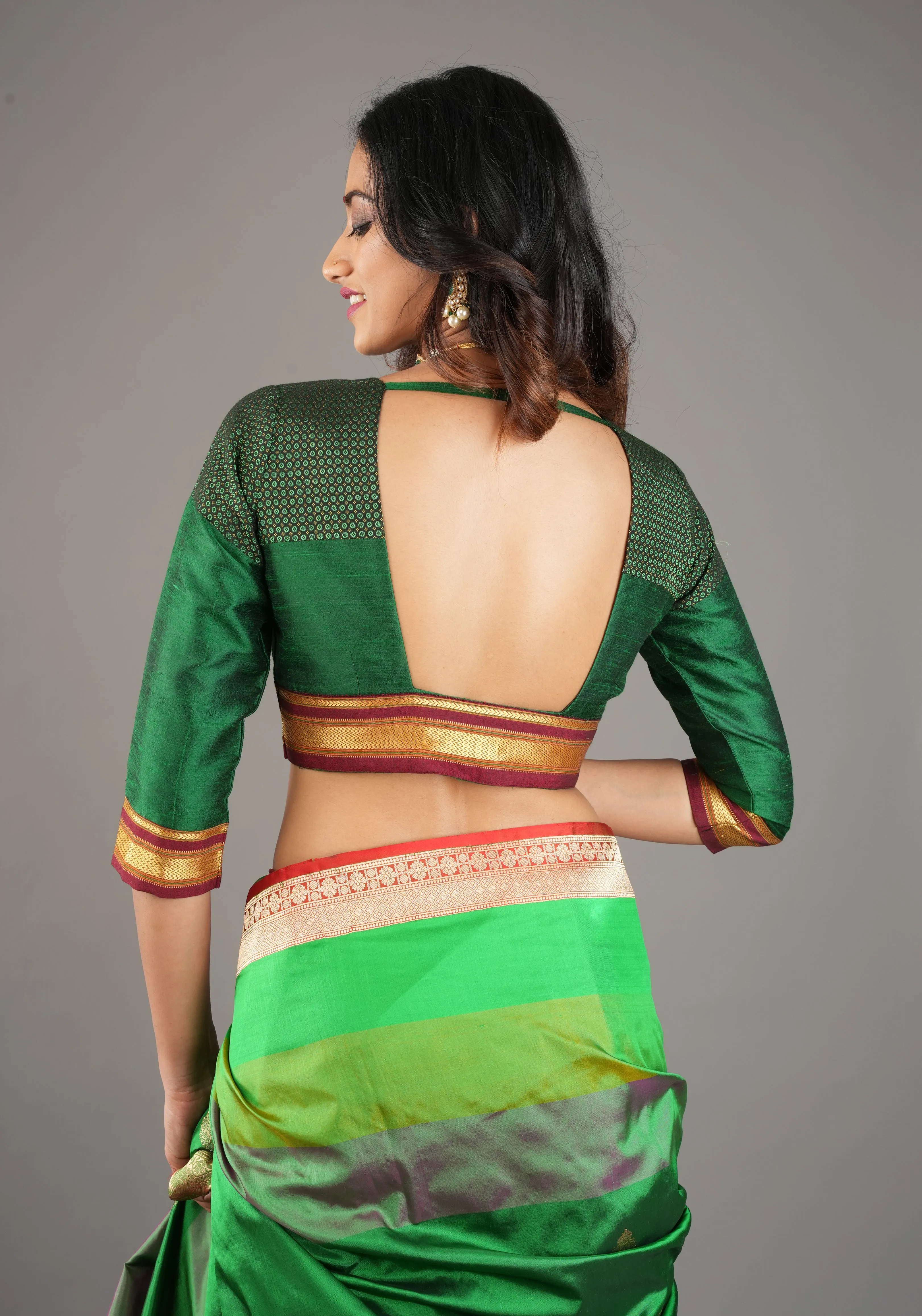 Emerald Green Pure Raw Silk Blouse with Plunge Neck and Khun detailing, Customizable, made to order