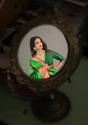 Emerald Green Pure Raw Silk Blouse with Plunge Neck and Khun detailing, Customizable, made to order