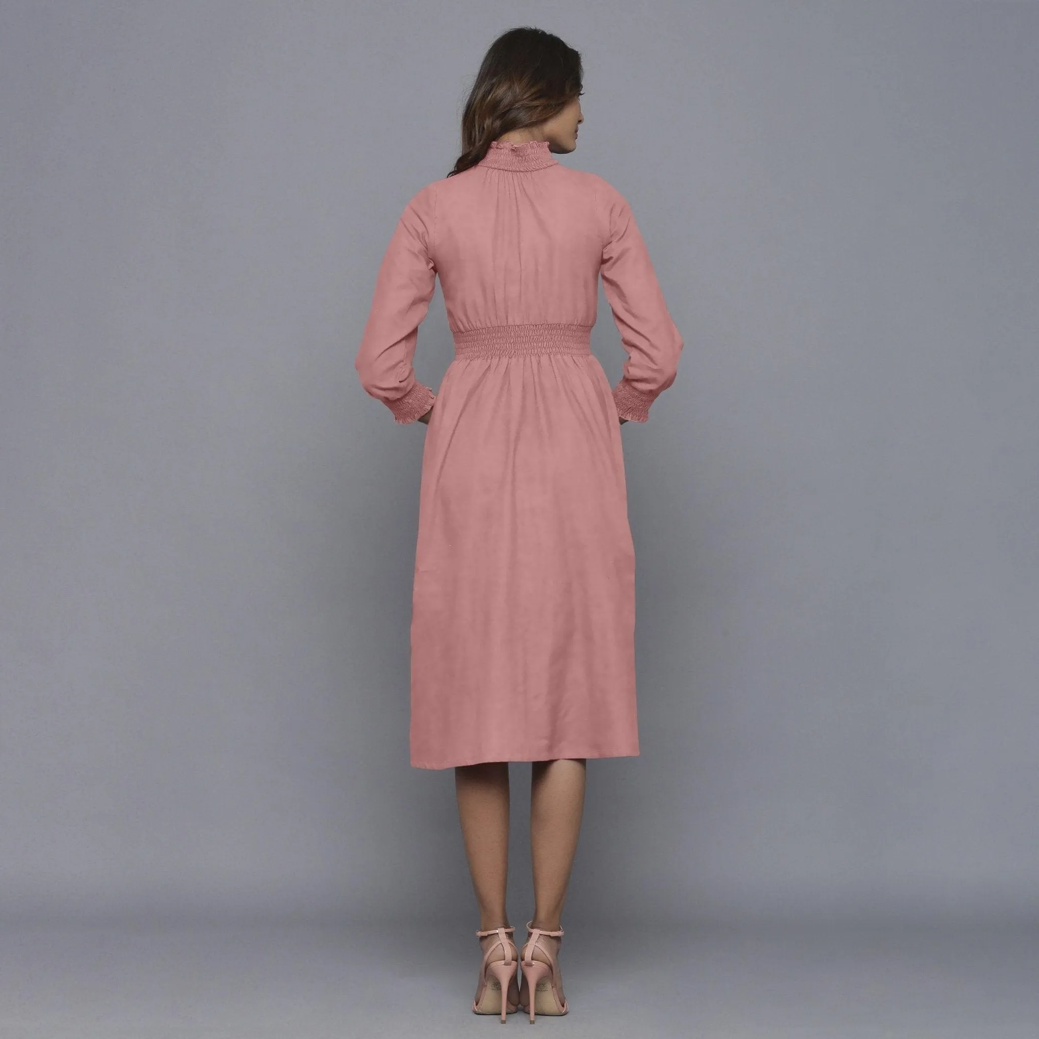English Rose Warm Cotton Flannel High Neck Midi Dress