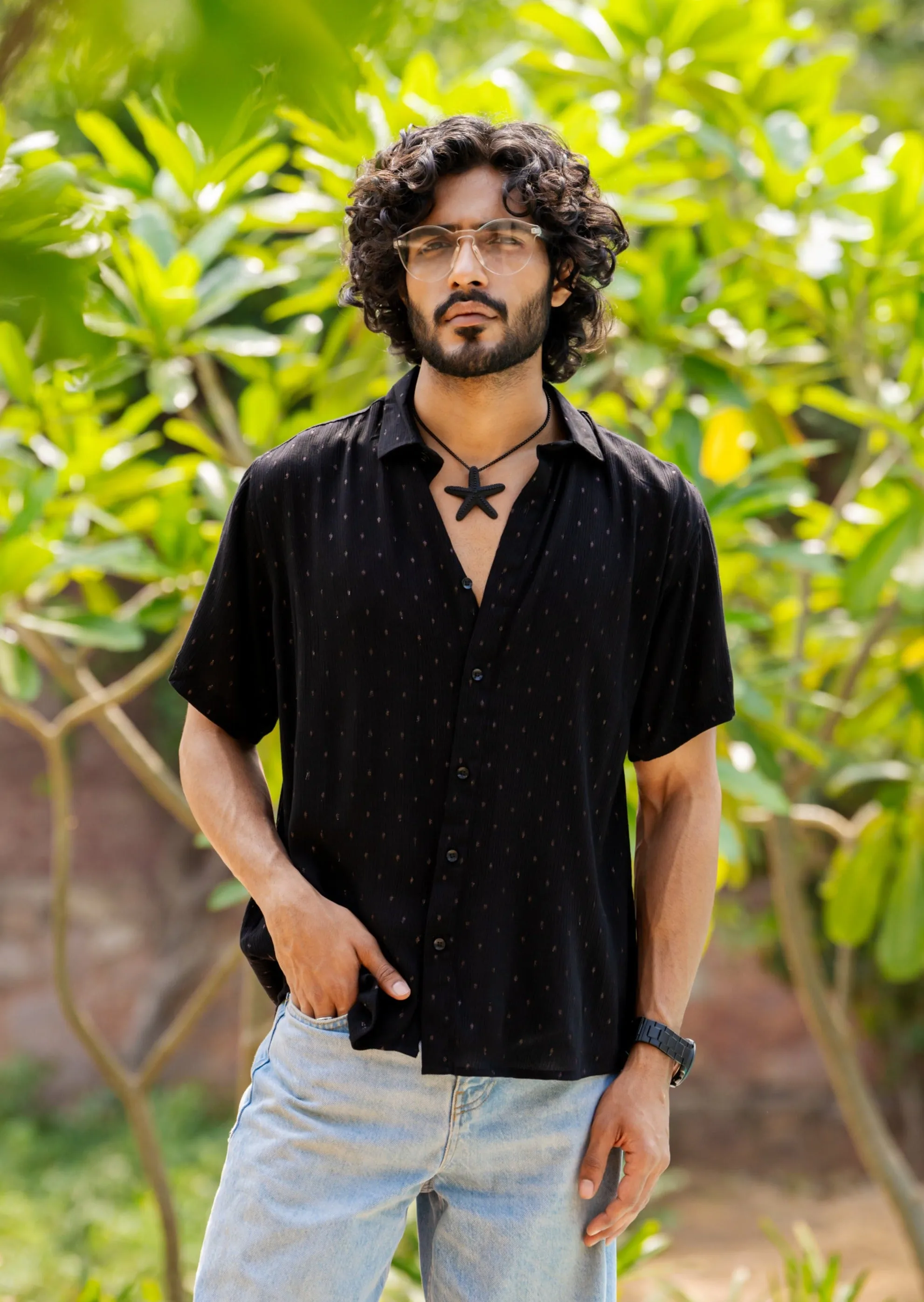 Firangi Yarn Relaxed Fit Super Flowy Re-engineered Cotton Lurex Polka- Half Sleeves Party Shirt Black Copper