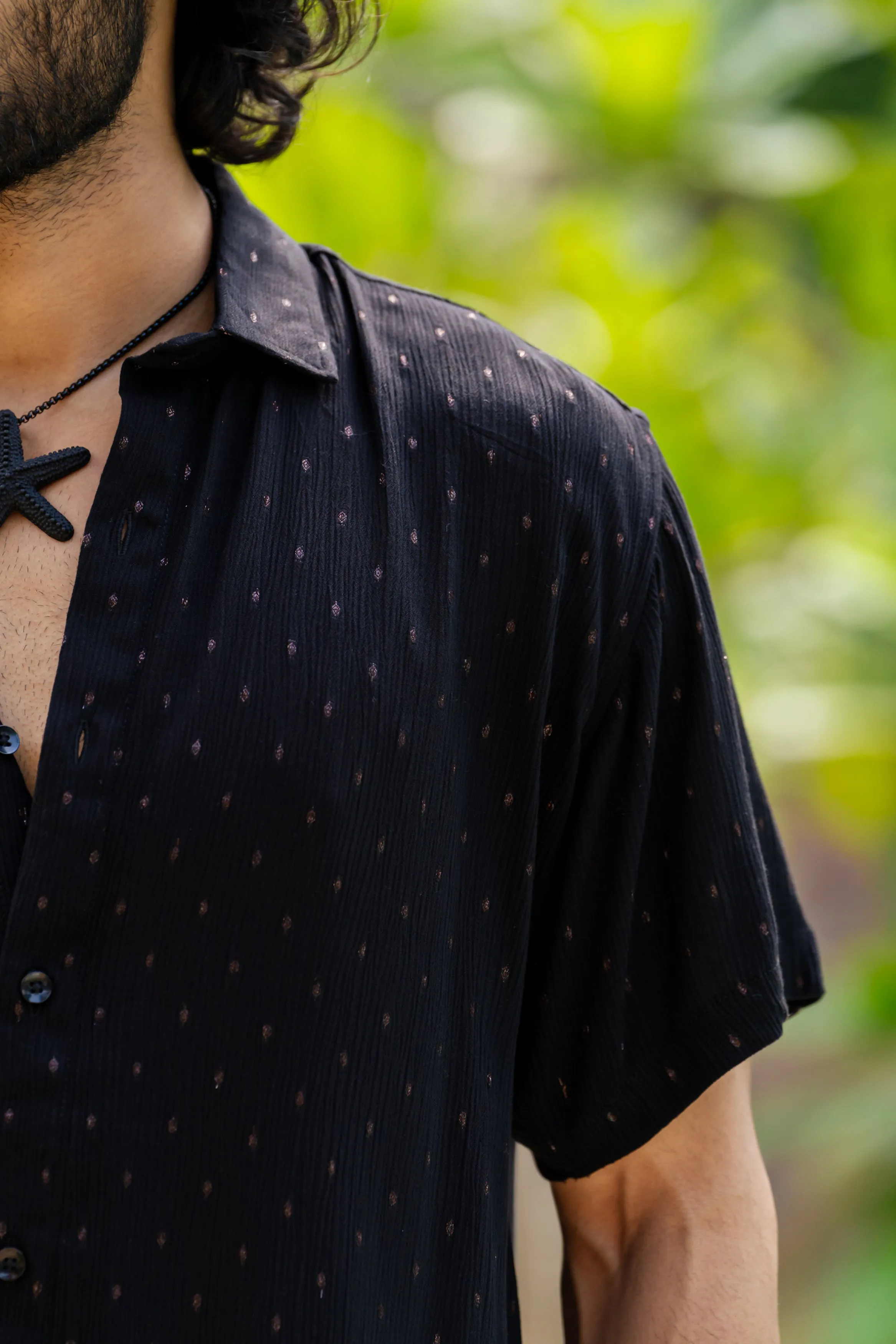 Firangi Yarn Relaxed Fit Super Flowy Re-engineered Cotton Lurex Polka- Half Sleeves Party Shirt Black Copper