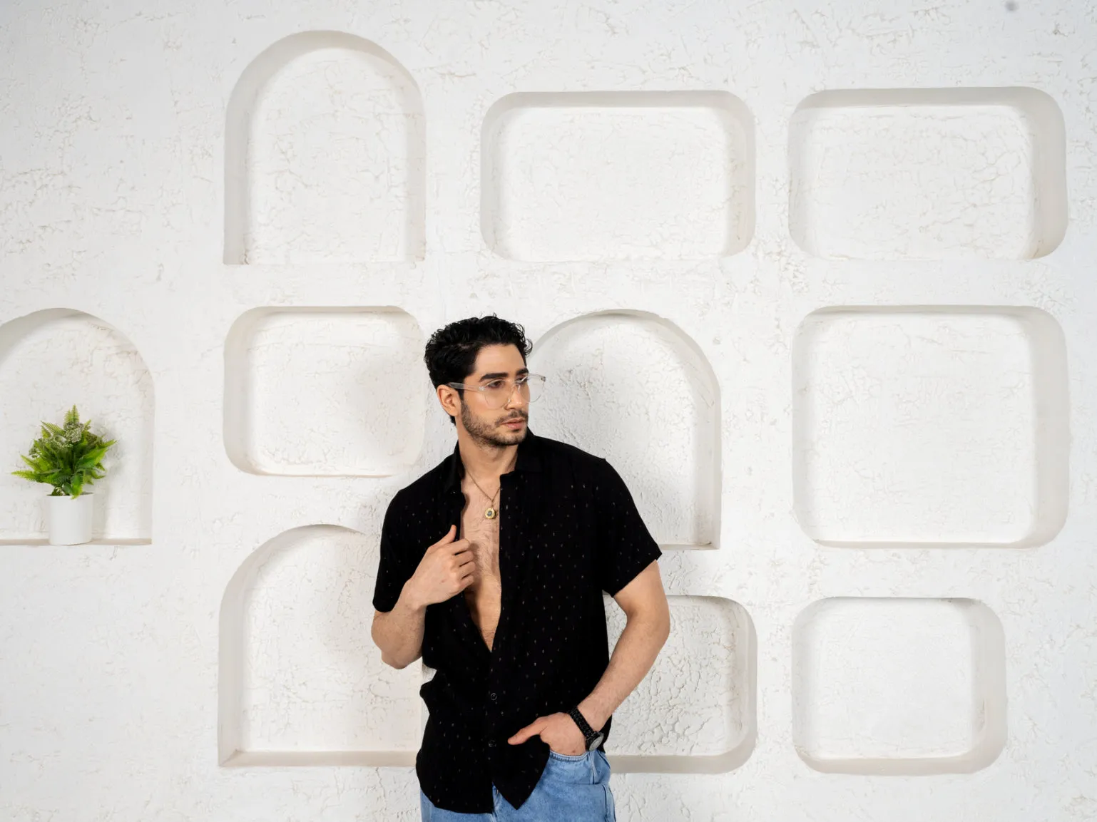 Firangi Yarn Relaxed Fit Super Flowy Re-engineered Cotton Lurex Polka- Half Sleeves Party Shirt Black Copper