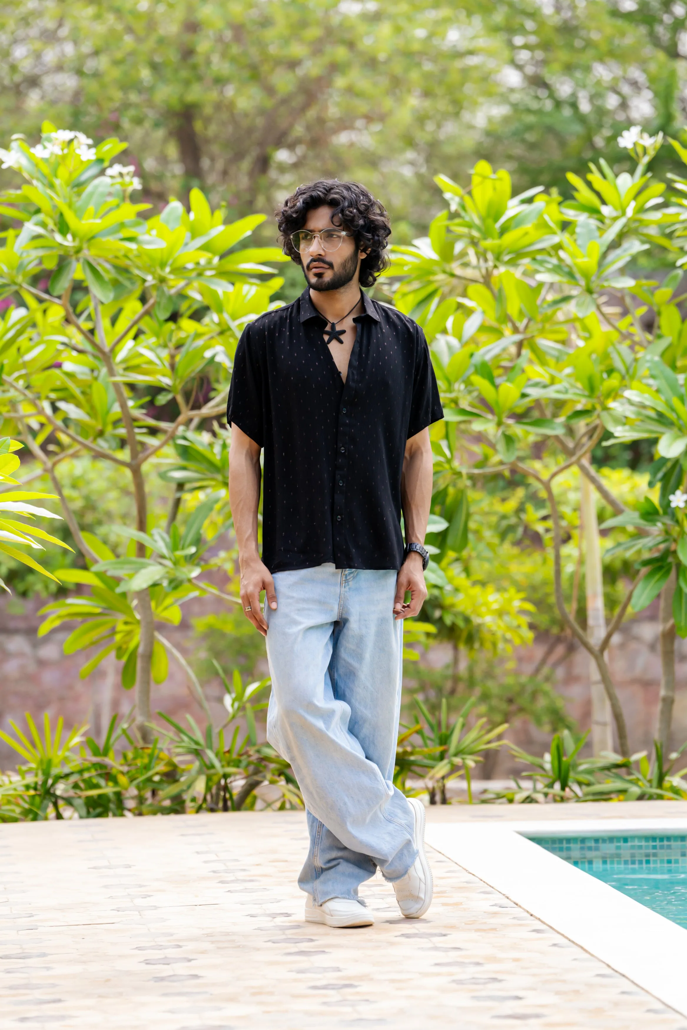 Firangi Yarn Relaxed Fit Super Flowy Re-engineered Cotton Lurex Polka- Half Sleeves Party Shirt Black Copper