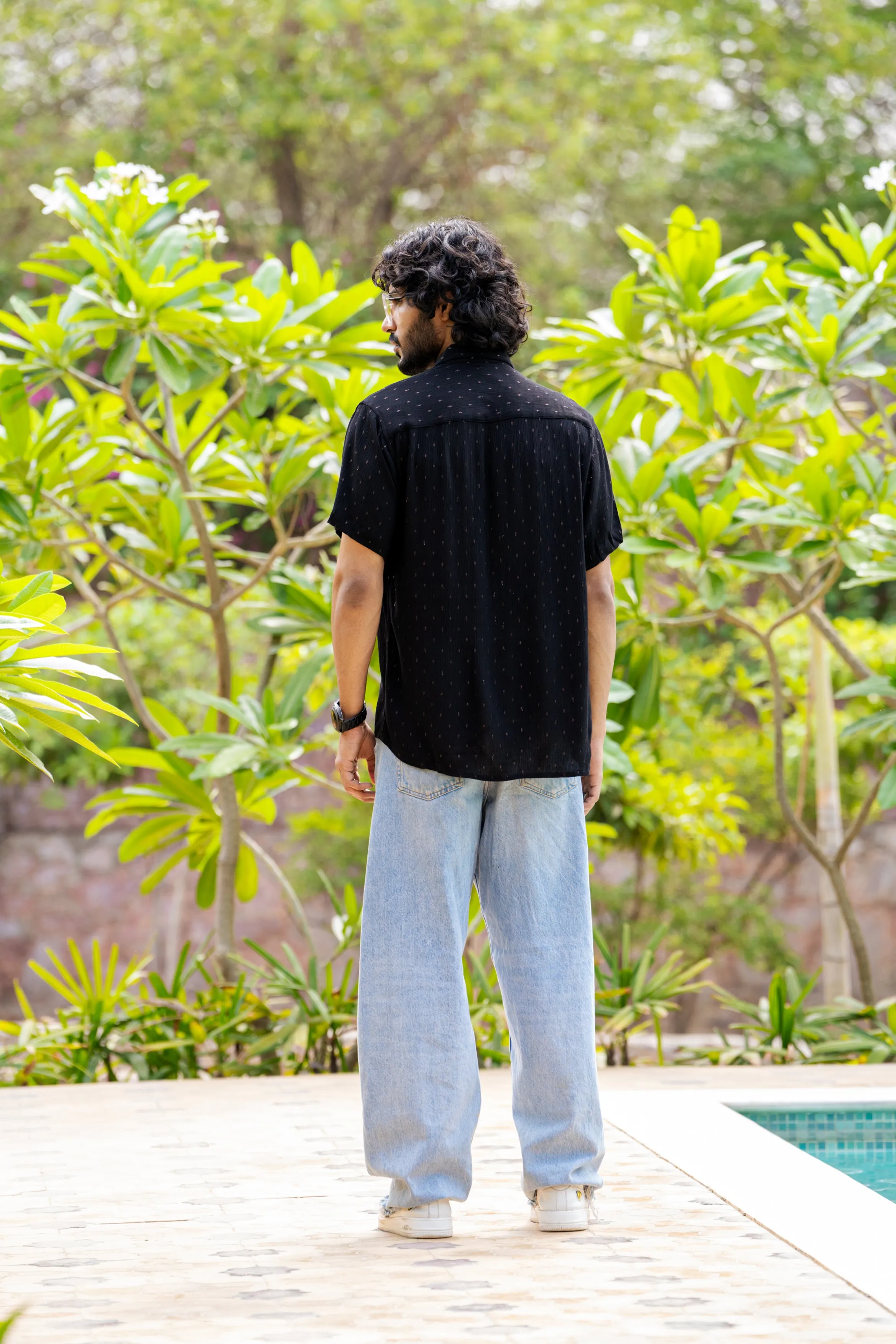 Firangi Yarn Relaxed Fit Super Flowy Re-engineered Cotton Lurex Polka- Half Sleeves Party Shirt Black Copper