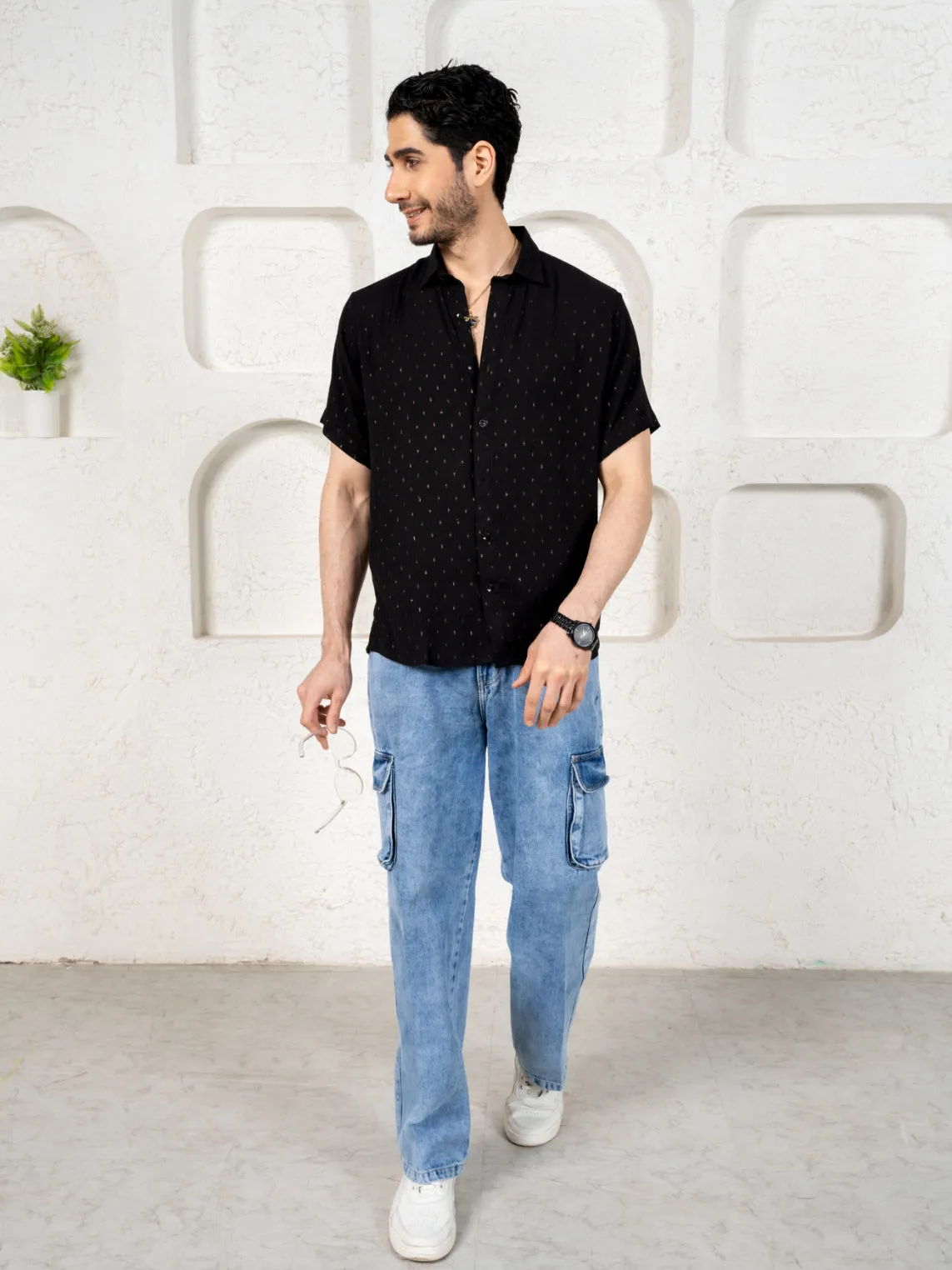 Firangi Yarn Relaxed Fit Super Flowy Re-engineered Cotton Lurex Polka- Half Sleeves Party Shirt Black Copper