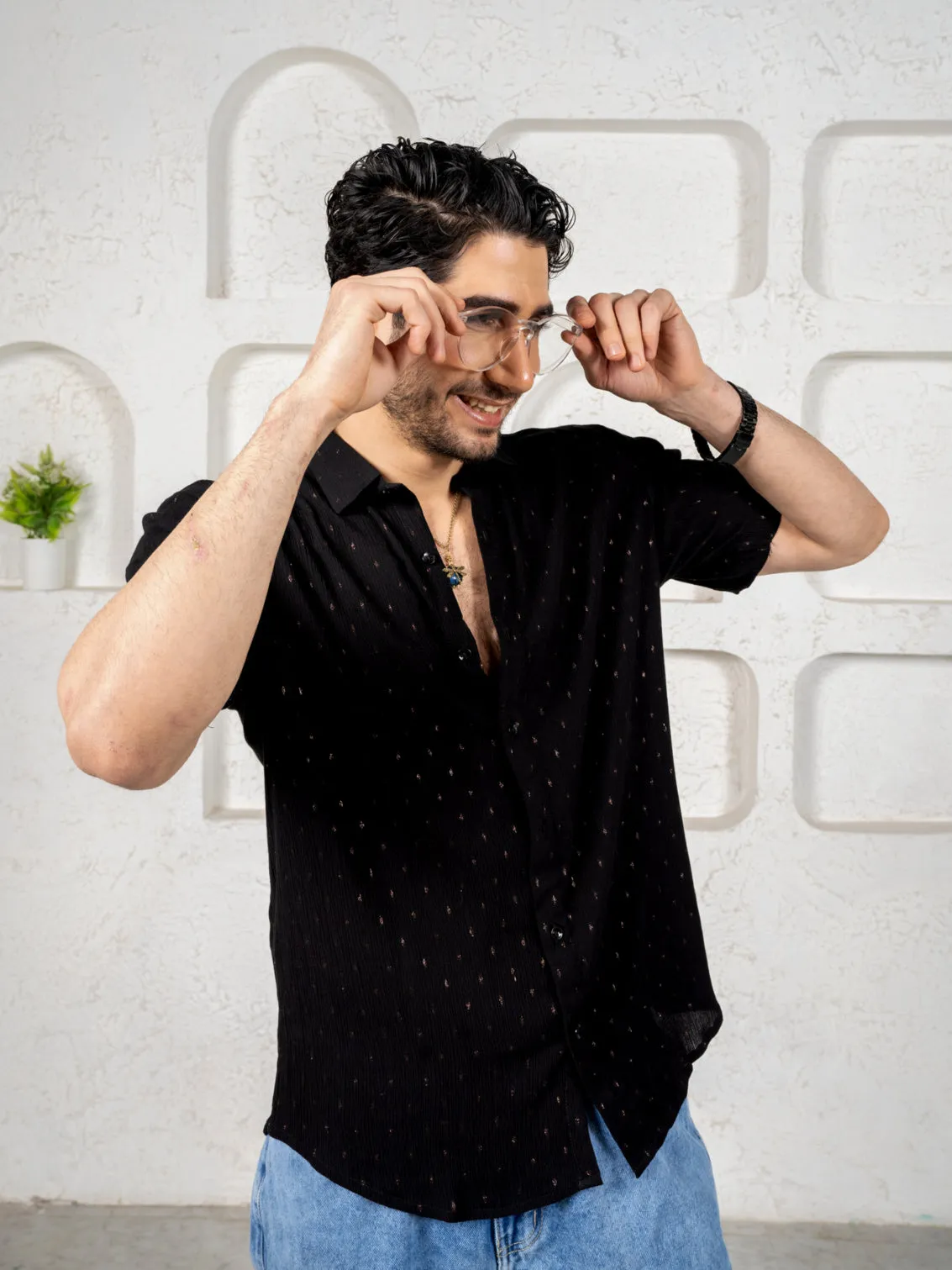 Firangi Yarn Relaxed Fit Super Flowy Re-engineered Cotton Lurex Polka- Half Sleeves Party Shirt Black Copper