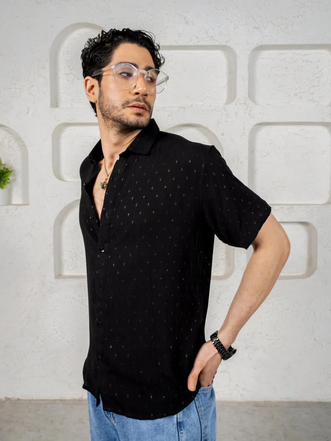 Firangi Yarn Relaxed Fit Super Flowy Re-engineered Cotton Lurex Polka- Half Sleeves Party Shirt Black Copper